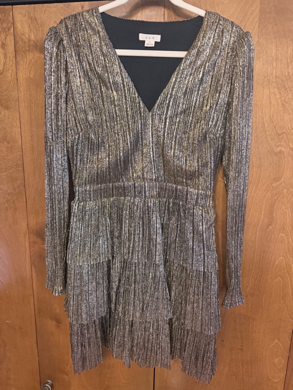 Sparkle Tiered V-Neck Long Sleeve Dress - Metallic Silver
